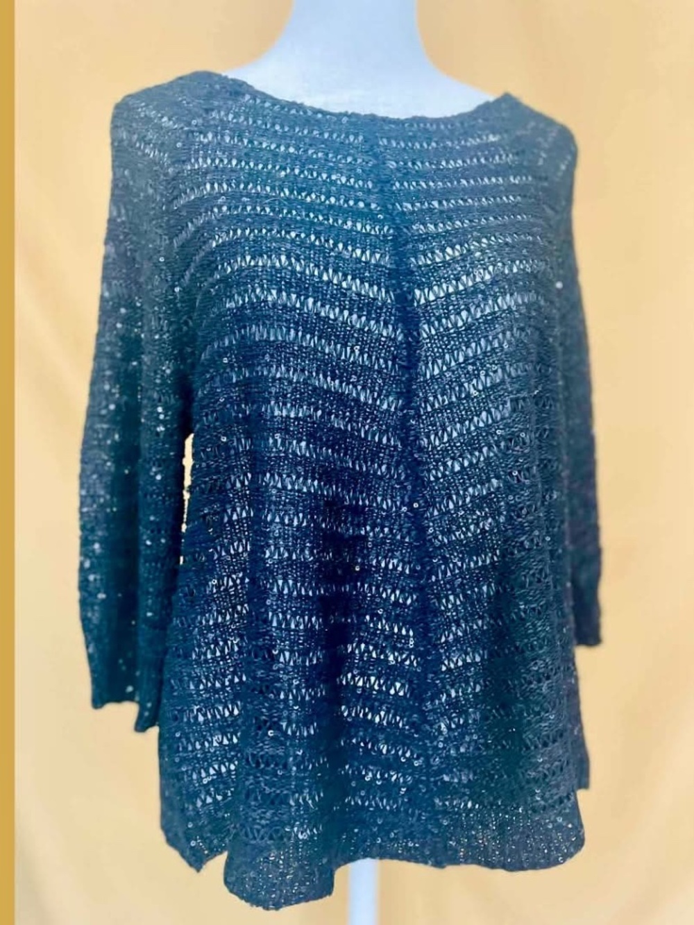 Solution Black Sequin Open Knit Sweater Lightweight Fall M